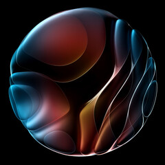 Naklejka premium 3d render of abstract art with surreal alien flower in curve wavy spherical organic biological lines forms in transparent glowing material in purple blue and orange gradient color on black background
