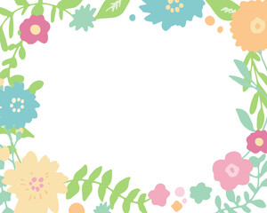 手書きタッチの草木と花。春カラーの花と草木のイラストフレーム。
