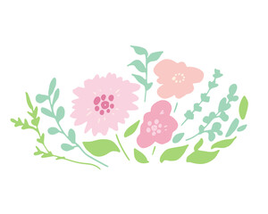 手書きタッチの草木。春カラーの花と緑の葉っぱイラスト。ワンポイント刺繍。