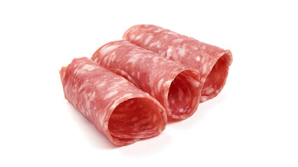 Twisted salami sausage, isolated on white background.