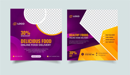Naklejka premium Delicious food online home delivery social media post or square web banner design template. 