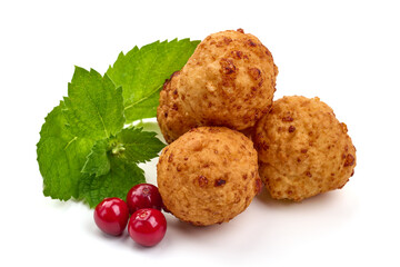 Deep fried curd balls, round Doughnuts, isolated on white background. High resolution image.