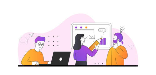 Workflow management concept. Company employees study statistics and come up with strategy for further business development. Cartoon modern doodle vector illustration isolated on white background