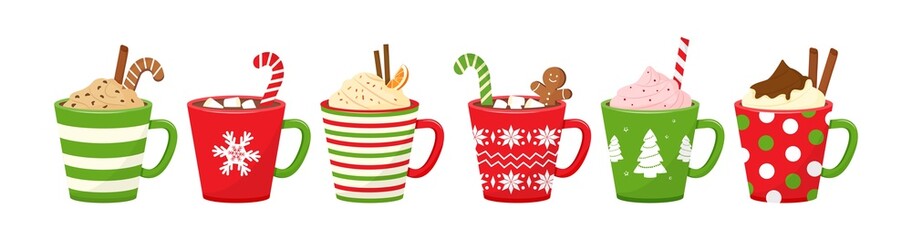 Christmas cups with drinks. Hot chocolate vector. Holiday mug icon, cocoa or coffee, and cream. Candy cane, cinnamon sticks, marshmallows. Winter illustration