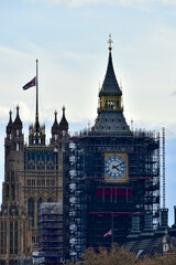 View of the Clock tower under restoration, April 2021, London, UK