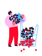 Summer party with flat people character, fruits, tropical fresh beverage. Tiny man enjoy the grape. Summer party concept. Editable vector illustration for invitation, postcard, website.