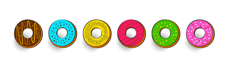 Comic donuts vector icon, cartoon doughnut set isolated on white background, colorful cake dessert. Food illustration