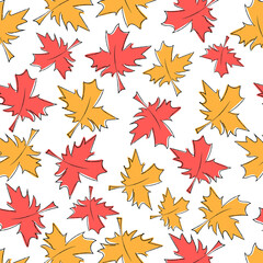 Maple autumn leaves seamless pattern. Colorful doodle. Trendy hand drawn style. Vector illustration