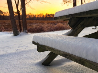 Snow Covered Picnic Table at Sunrise