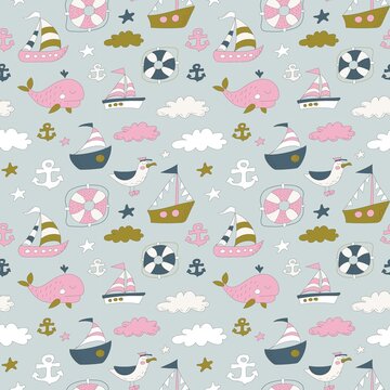 Marine seamless pattern on a blue background. Ship, yacht, albatross, whale, lifebuoys, clouds, stars, anchor. Hand drawn. Vector illustration.