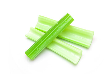 Fresh Chopped Celery Sticks with Water Drops Isolated on White Background. Vegan and Vegetarian Culture. Raw Food. Healthy Diet with Negative Calorie Content