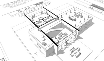 modern house architectural drawings 3d illustration
