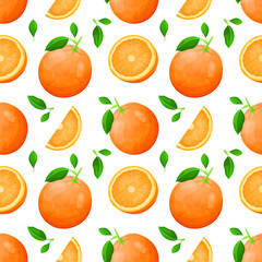 Vector seamless citrus fruit pattern. Halves and slices of bright oranges with green leaves. Sweet healthy natural food dessert.