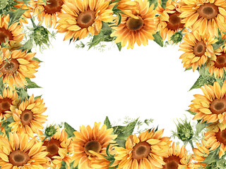 Sunflower banner. Watercolor floral frame. Yellow flowers for rustic wedding invitation, thanksgiving decoration, save the date card, fall design ets. Illustration isolated on white background