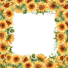 Obraz premium Sunflower banner. Watercolor floral frame. Yellow flowers for rustic wedding invitation, thanksgiving decoration, save the date card, fall design ets. Illustration isolated on white background