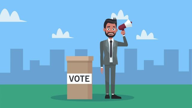 male candidate with magaphone and voting box