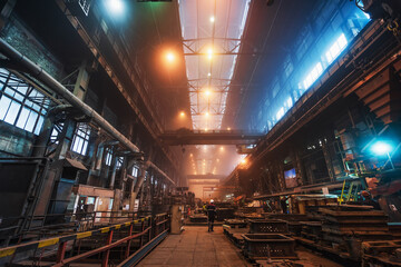 Metallurgical plant production. Factory workshop industrial interior. Heavy industry equipment and machines.