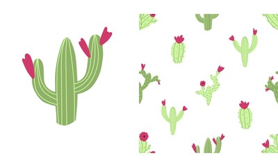 Cactus seamless pattern on white background. Nursery childish illustration in cartoon hand drawn style with colorful cacti and flowers