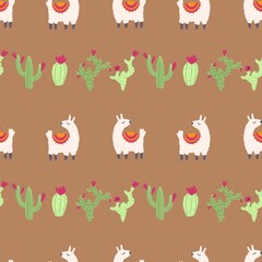 Lama alpaca seamless pattern with cactus. Vector illustration of nursery characters in cartoon hand drawn doodle childish style
