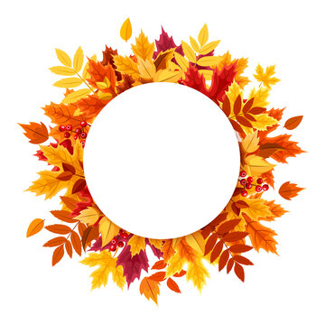 Vector circle card with red, orange, yellow, purple and brown autumn leaves. Fall background.