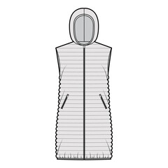 Down vest puffer waistcoat technical fashion illustration with sleeveless, hoody collar, thigh length, narrow quilting. Flat template front, grey color style. Women, men, unisex top CAD mockup