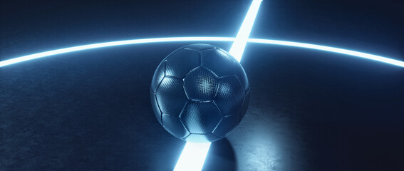 Blue futsal ball on futuristic glowing light beam in a dark black indoor soccer field background