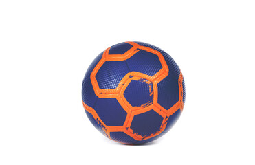 Dark blue futsal soccer ball with orange hexagon stripes isolated on white background