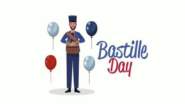 happy bastille day lettering with french man playing drum