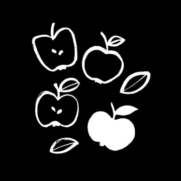 Vector image of apples in calligraphic style. White on a black background. Hand drawing. Doodle. Brush strokes