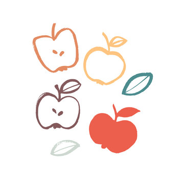 Vector image of apples in calligraphic style. Multicolored on a white background. Hand drawing. Doodle. Brush strokes