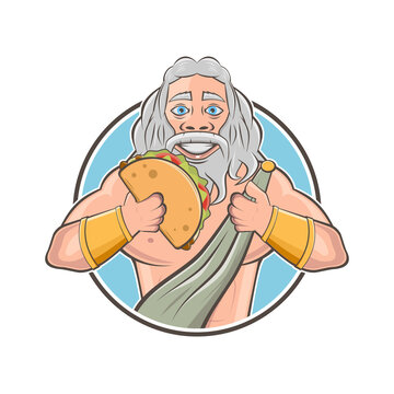 funny cartoon logo of greek god zeus or roman god jupiter with greek specialty gyros