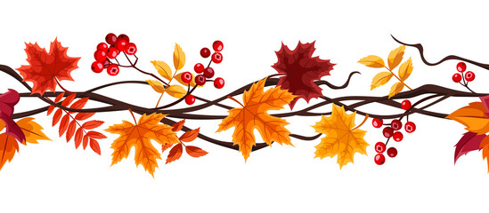 Vector horizontal seamless border with orange and brown autumn leaves and rowanberries. - obrazy, fototapety, plakaty