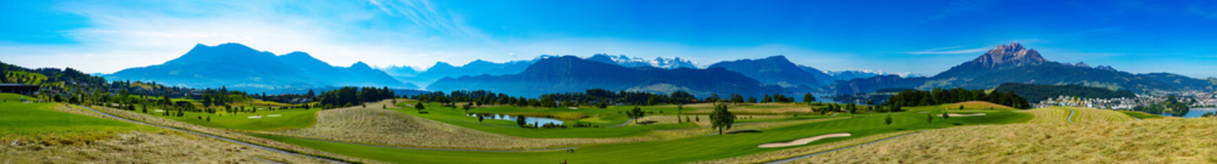 Panorama of mount Rigi and Pilatus with view of golf course in Meggen, Switzerland!