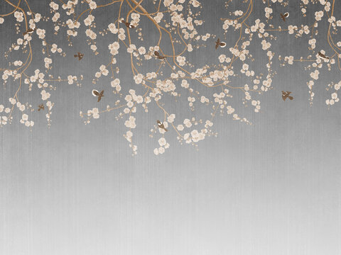 Fototapeta Vintage photo wallpaper with branches and birds on grey background. Design for wallpaper, photo wallpaper, fresco.