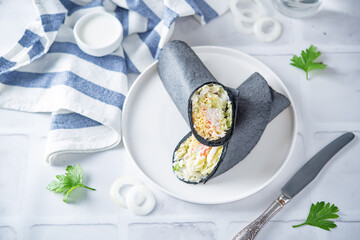 Crab meat lettuce lettuce cheese black tortilla