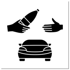 Curbside pickup glyph icon. Shop assistant bring bottle from hand to hand.Hand Carry orders from supermarkets. Courier delivery concept.Filled flat sign. Isolated silhouette vector illustration