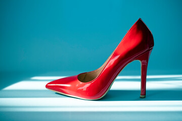 red high heel shoes. Red shoes woman. Background. Beauty photo. 