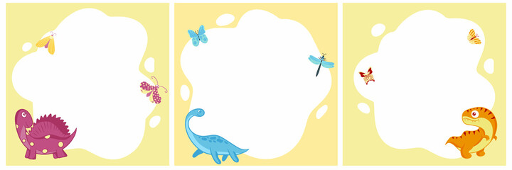 Dinosaurs. Set of vector frames in the form of a spot in a flat cartoon style. Template for children's photos, postcards, invitations.
