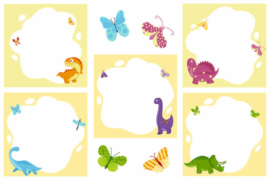 Dinosaurs. Set of vector frames in the form of a spot in a flat cartoon style. Template for children's photos, postcards, invitations.