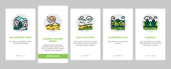 Land Scape Nature Onboarding Mobile App Page Screen Vector. Desert And Forest, Meadow And Industrial Metropolis, Sea And Ocean, Tundra And Taiga Land Illustrations