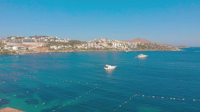 Sea bay with yachts aerial drone view Bodrum Mugla Turkey