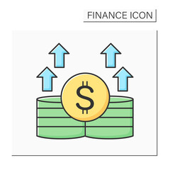 Income increase color icon. Money growth and profit with dollar currency sign and chart arrows. Concept of business success and rising economical trends.Isolated vector illustration