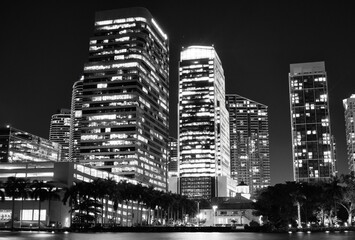 city at night skyline Brickell Miami Florida skyscraper lights sea palms beautiful black white urban 