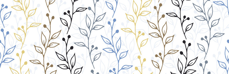 Berry bush twigs hand drawn vector seamless background. Creative floral textile print. Wild plants leaves and blossom wallpaper. Berry bush branches girly fashion endless design