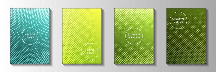 Random dot screen tone gradation cover page templates vector batch. Corporate poster faded screen