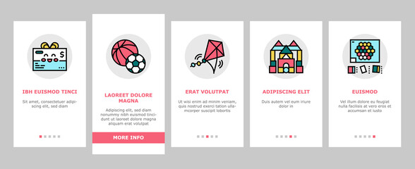 Toy Shop Sale Product Onboarding Mobile App Page Screen Vector. Doll And Car, Musical And Educational Toy, Puzzle Jigsaw And Construction, Action Figures And Diy Kits Illustrations