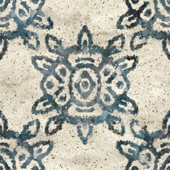 Seamless grungy tribal ethnic rug motif pattern. High quality illustration. Distressed old looking native style design in faded teal and cream colors. Old artisan textile seamless pattern.