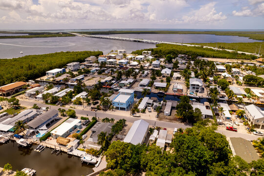 Aerial photo residential neighborhood with single family homes in Key Largo Florida USA