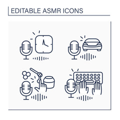 ASMR line icons set. Typing on keyboards, honey eating, car driving and clock sounds.Modern trends. Internet trend concept. Isolated vector illustration. Editable stroke