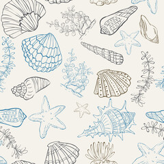 Seamless pattern with hand drawn sea stars. Underwater abstract background.